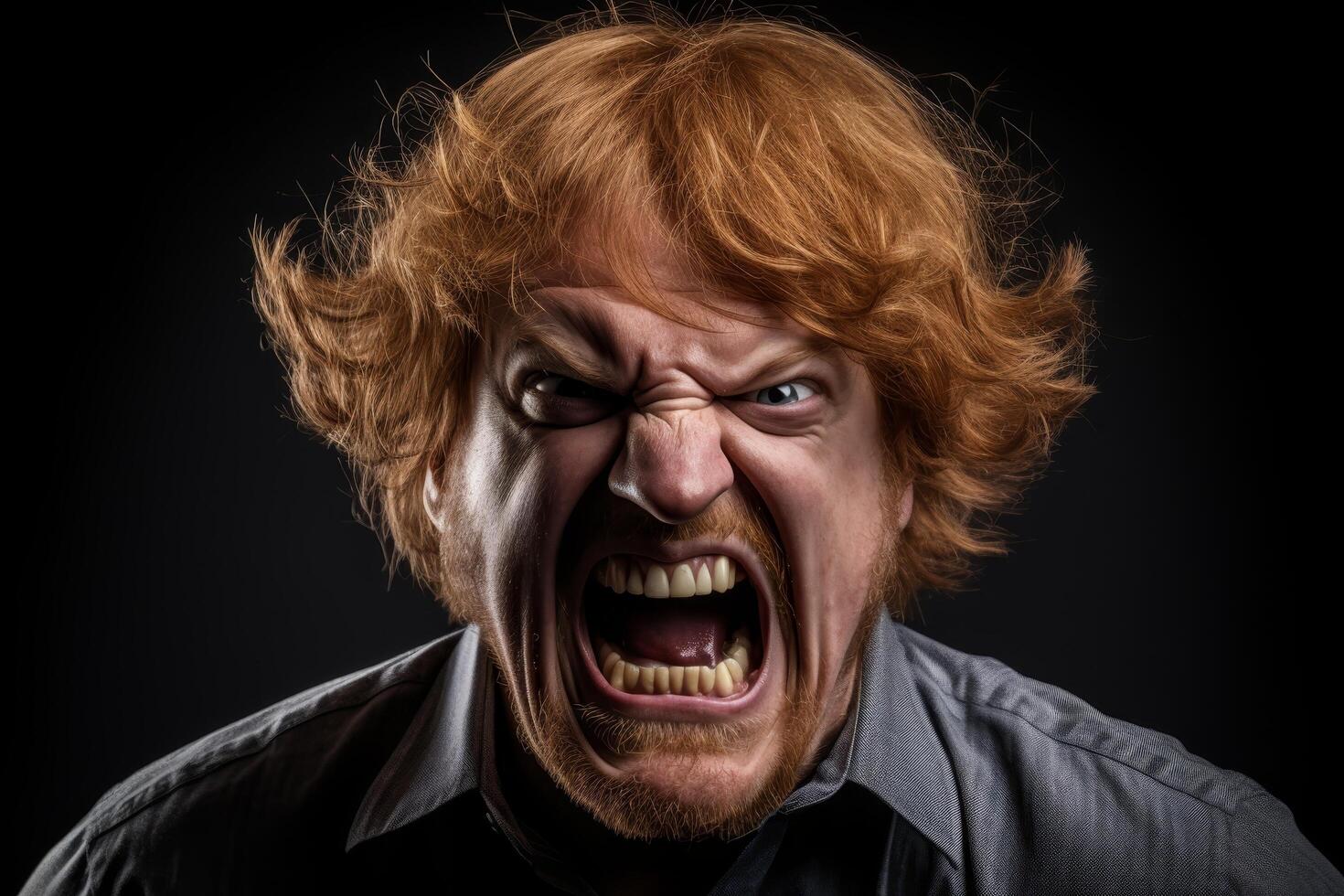 Angry man with wild red hair shouting photo