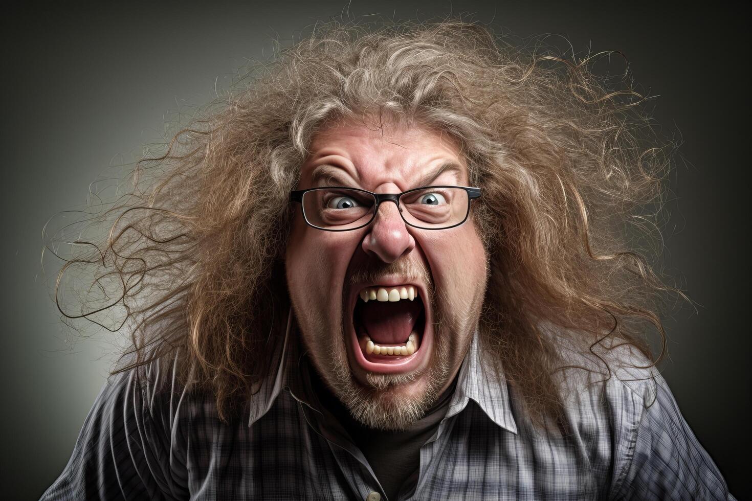 Angry man with wild hair and glasses shouting photo