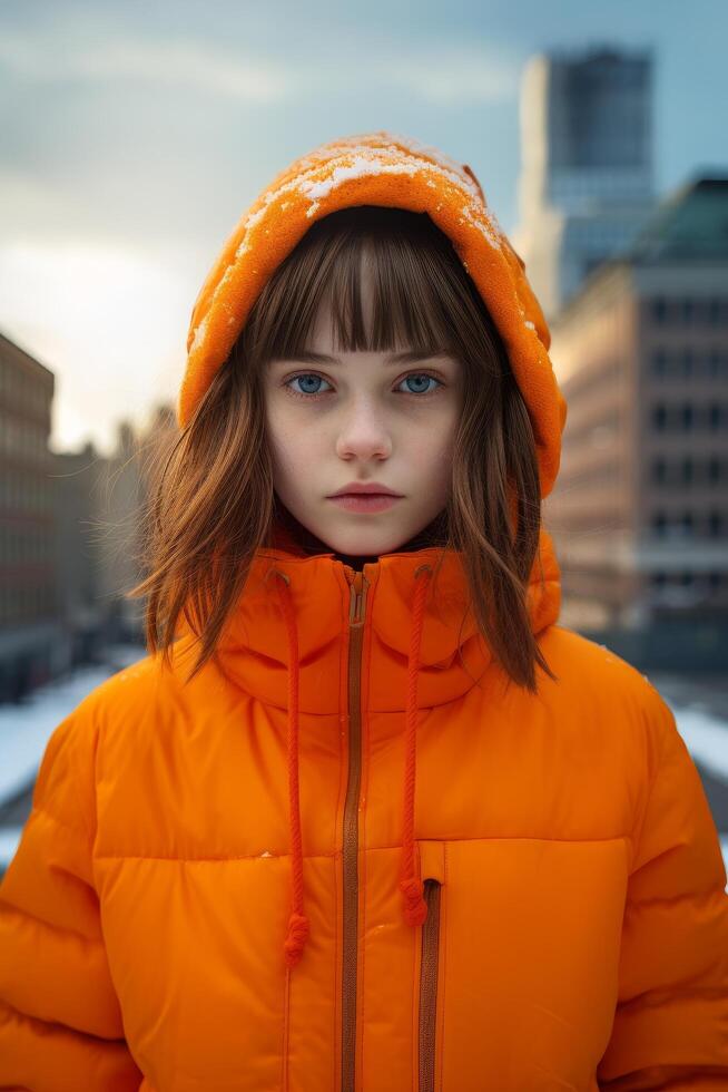 Serious young girl in orange winter coat photo