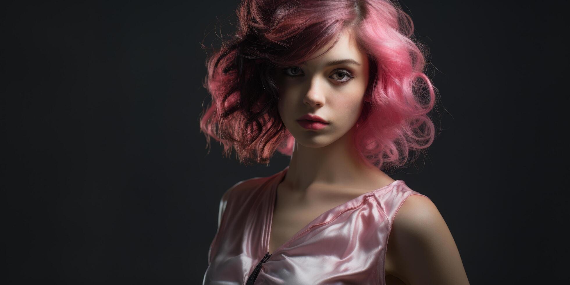 Striking portrait of a woman with vibrant pink hair photo
