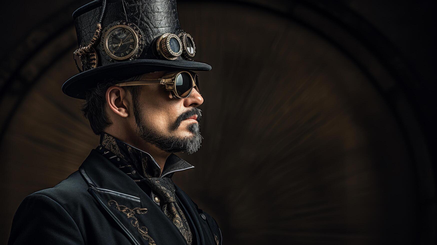Steampunk gentleman in dark attire and goggles photo