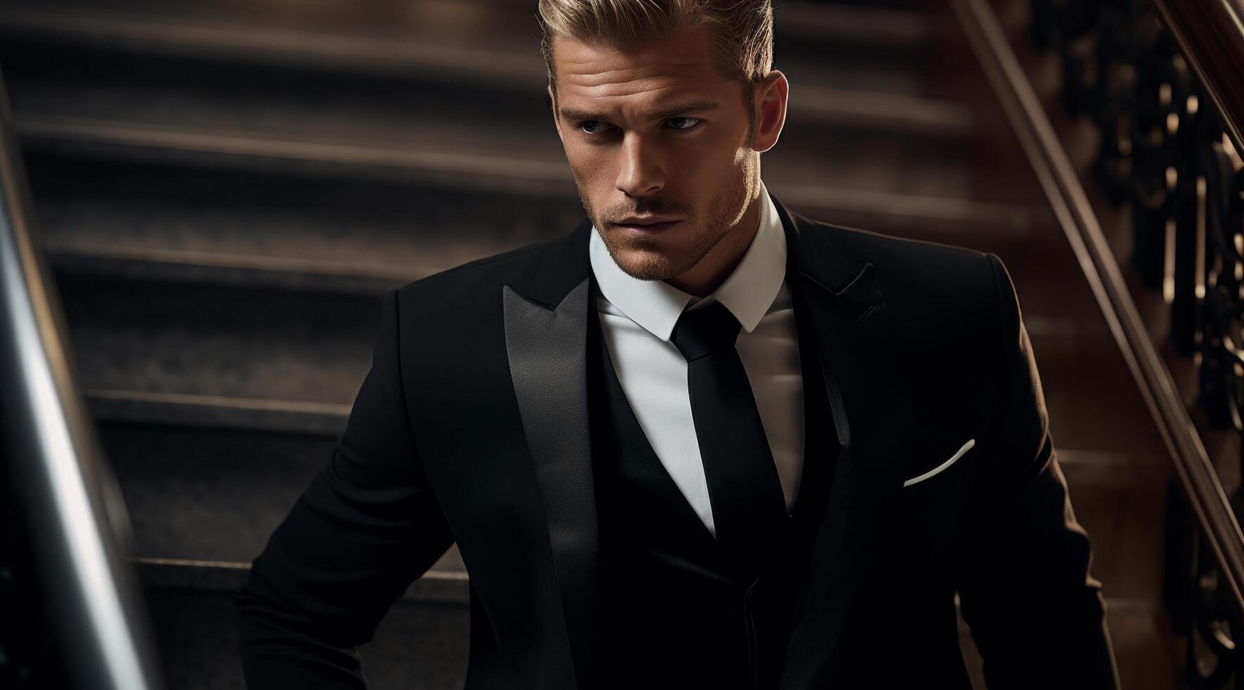 Serious businessman in a black suit and tie photo