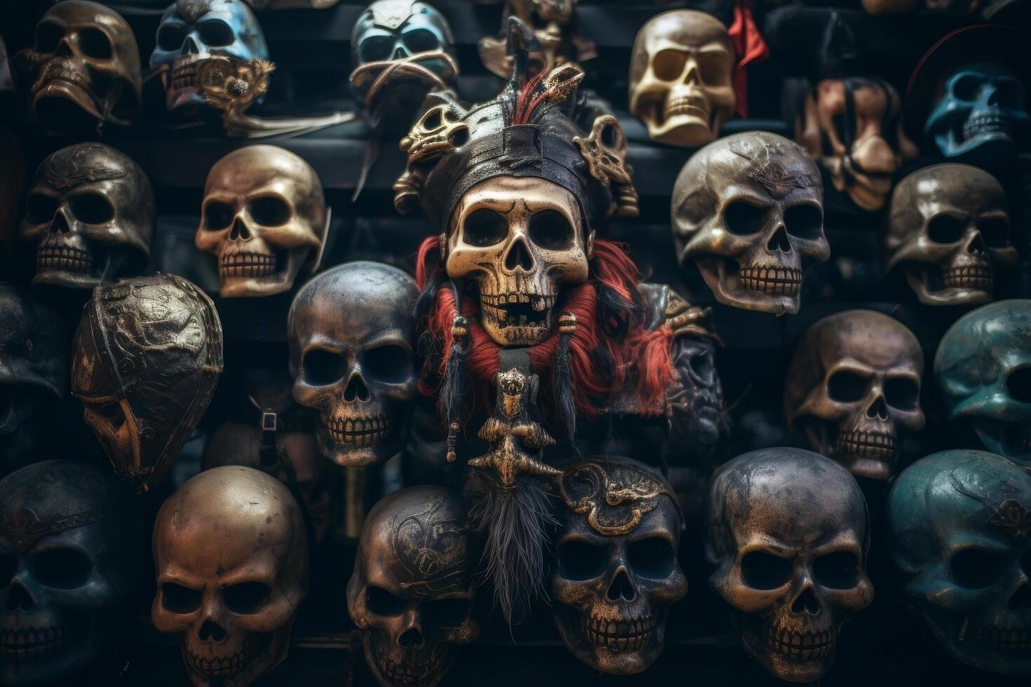 Spooky skull collection with voodoo doll photo