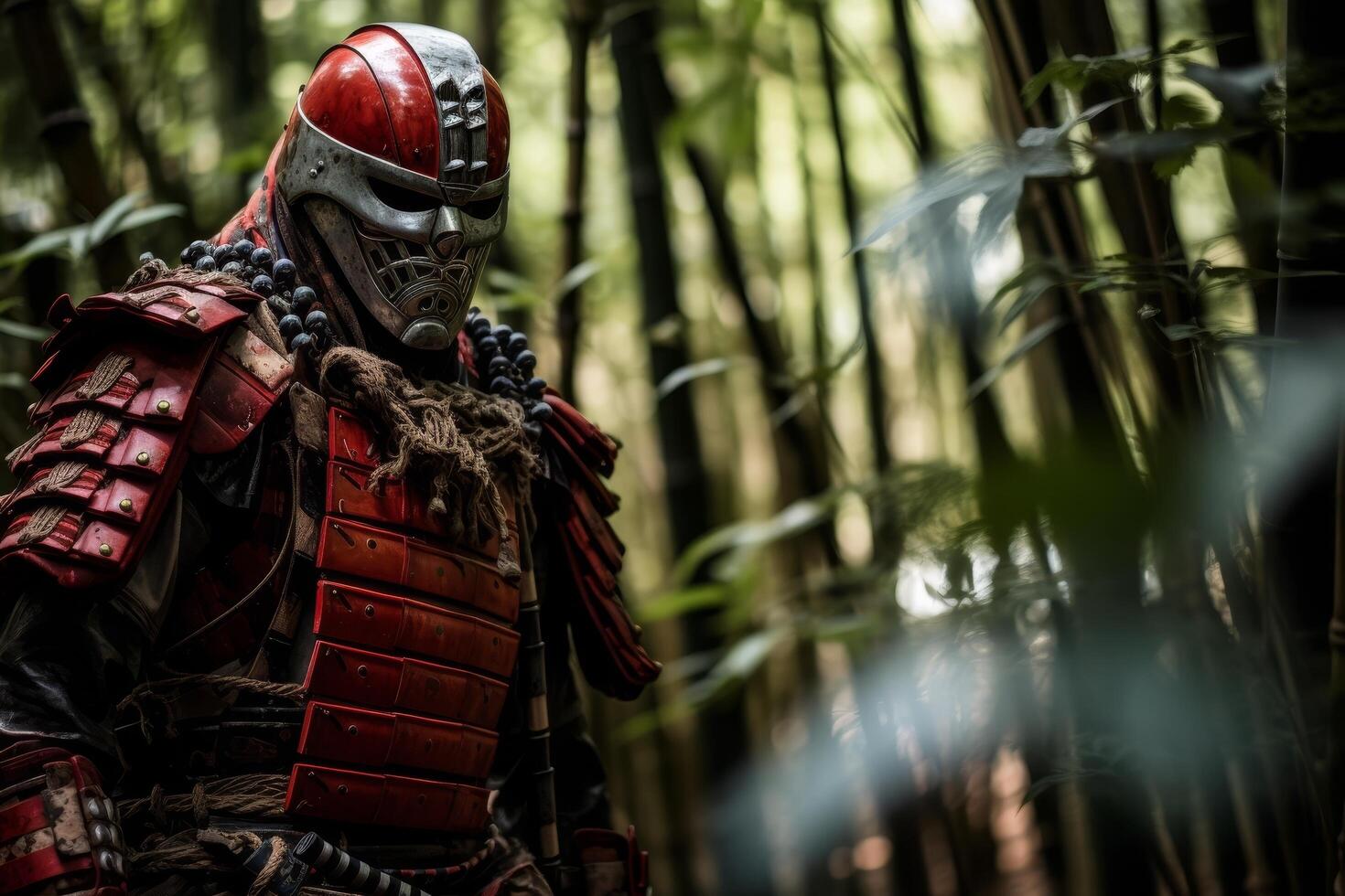 Mysterious armored warrior in a dark forest photo