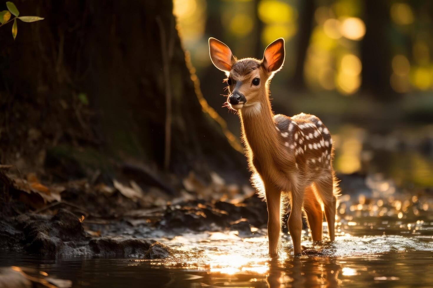 Cute deer standing in water during golden hour photo