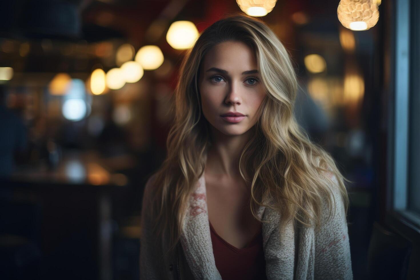 Pensive woman in warm lighting photo
