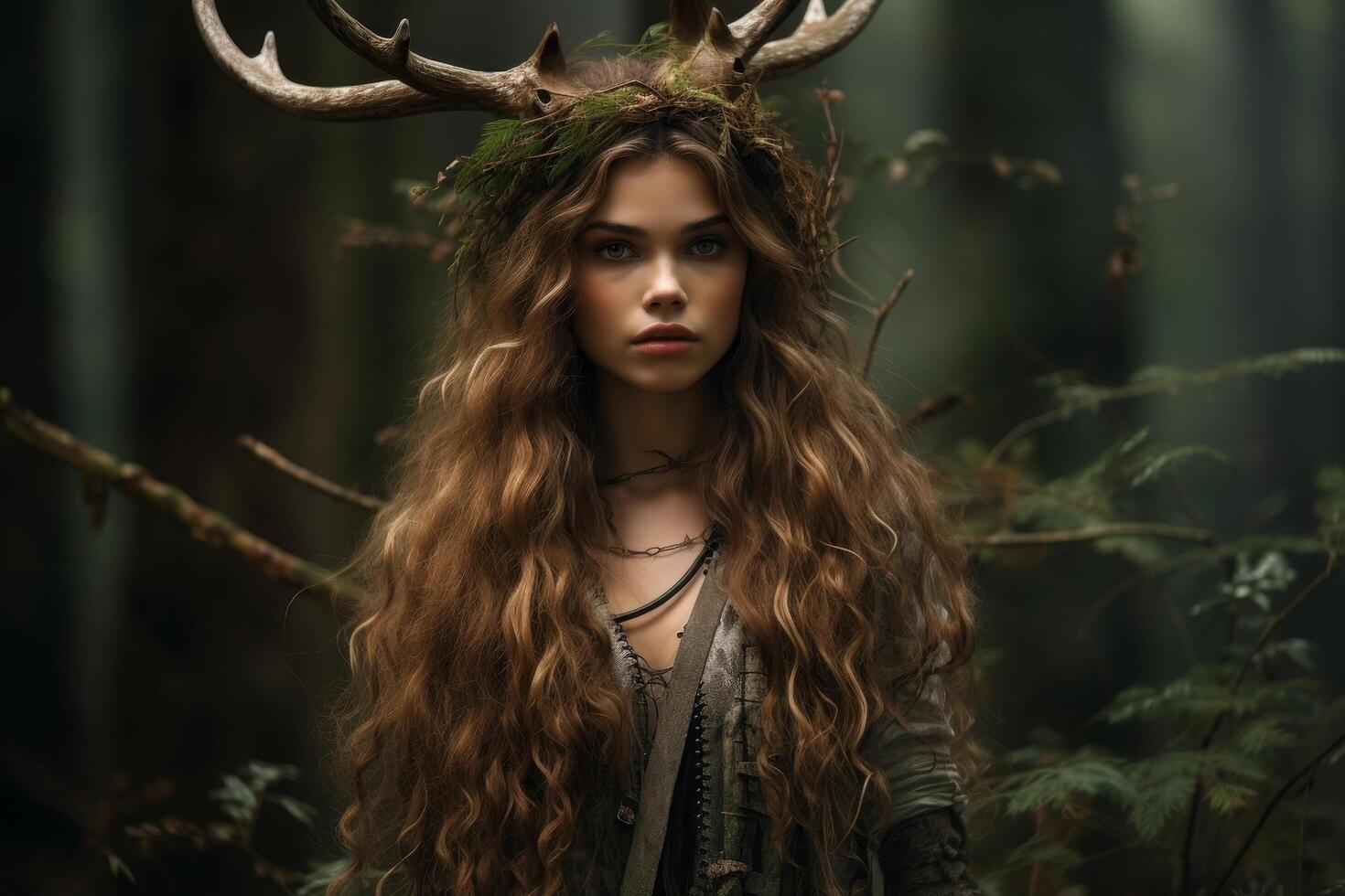 Mysterious forest spirit with antler crown photo