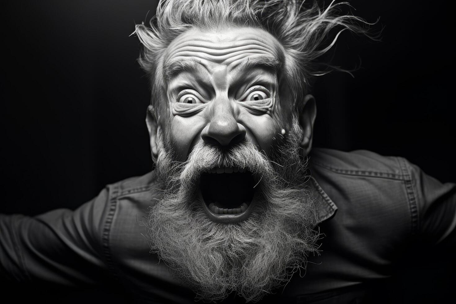 Intense expression of a bearded man with wild hair photo
