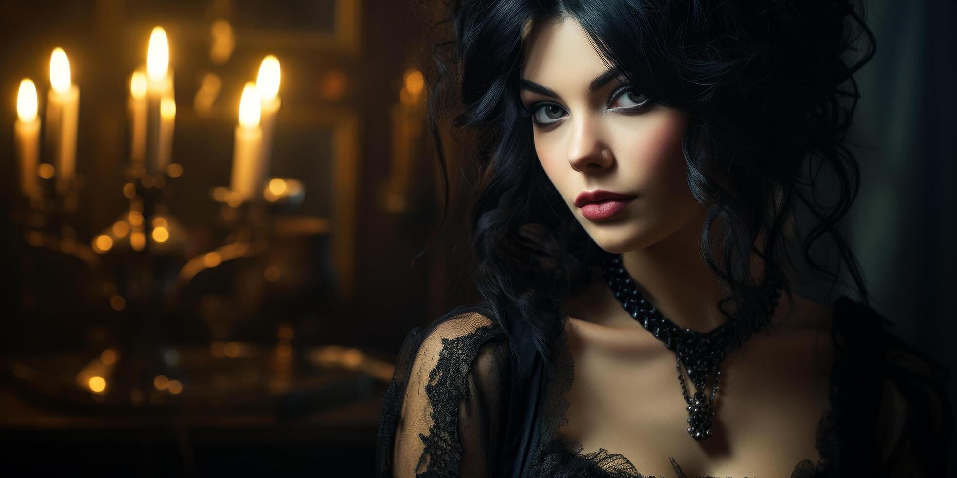 Mysterious woman in dark attire with candles photo