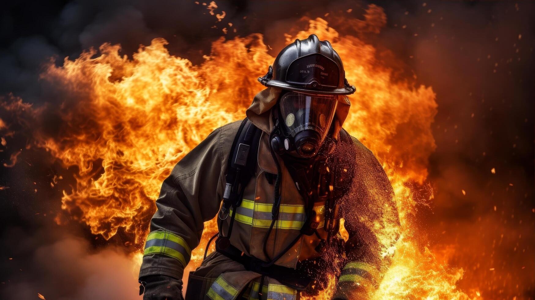 firefighter in action during a blaze photo