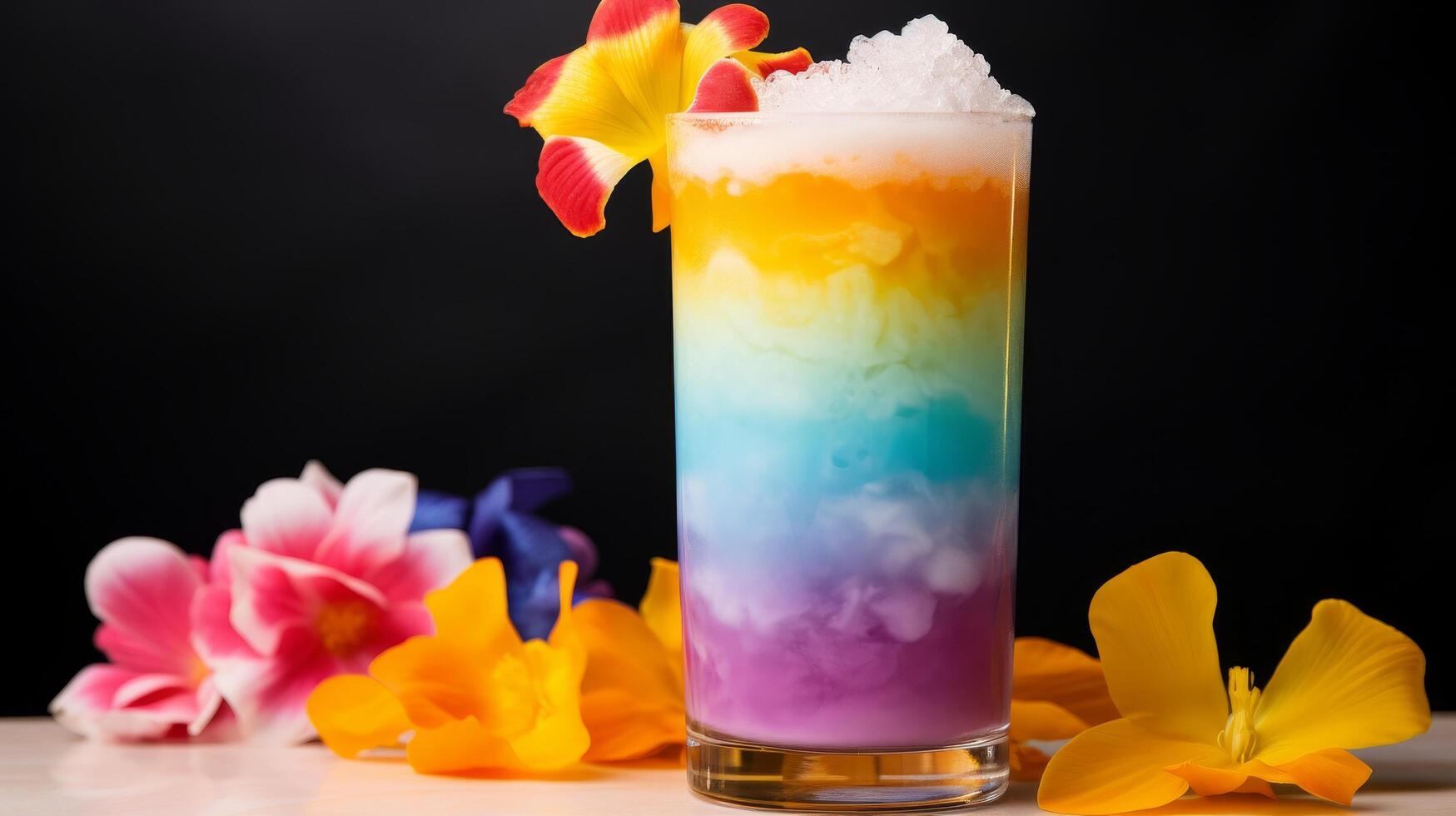 Colorful tropical cocktail with flower garnish photo