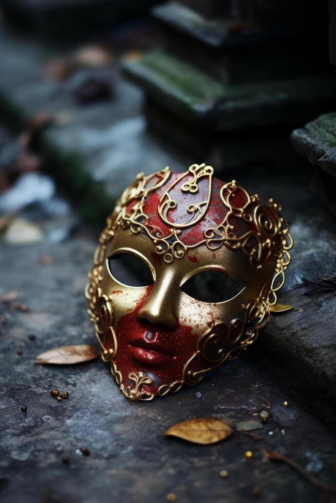 Ornate golden and red masquerade mask on dark background photo