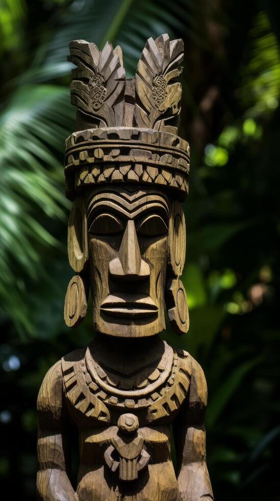 Intricate wooden tiki idol in tropical foliage photo