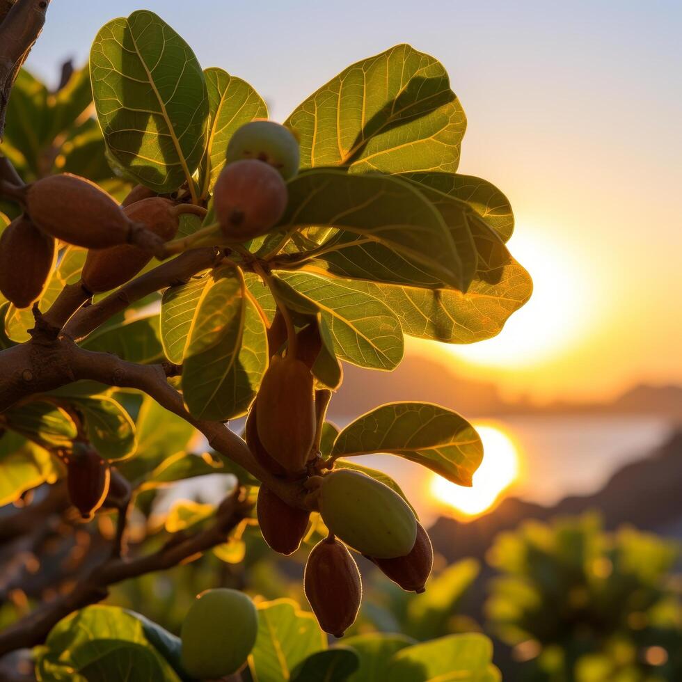 close up of green leaves and figs at sunset photo
