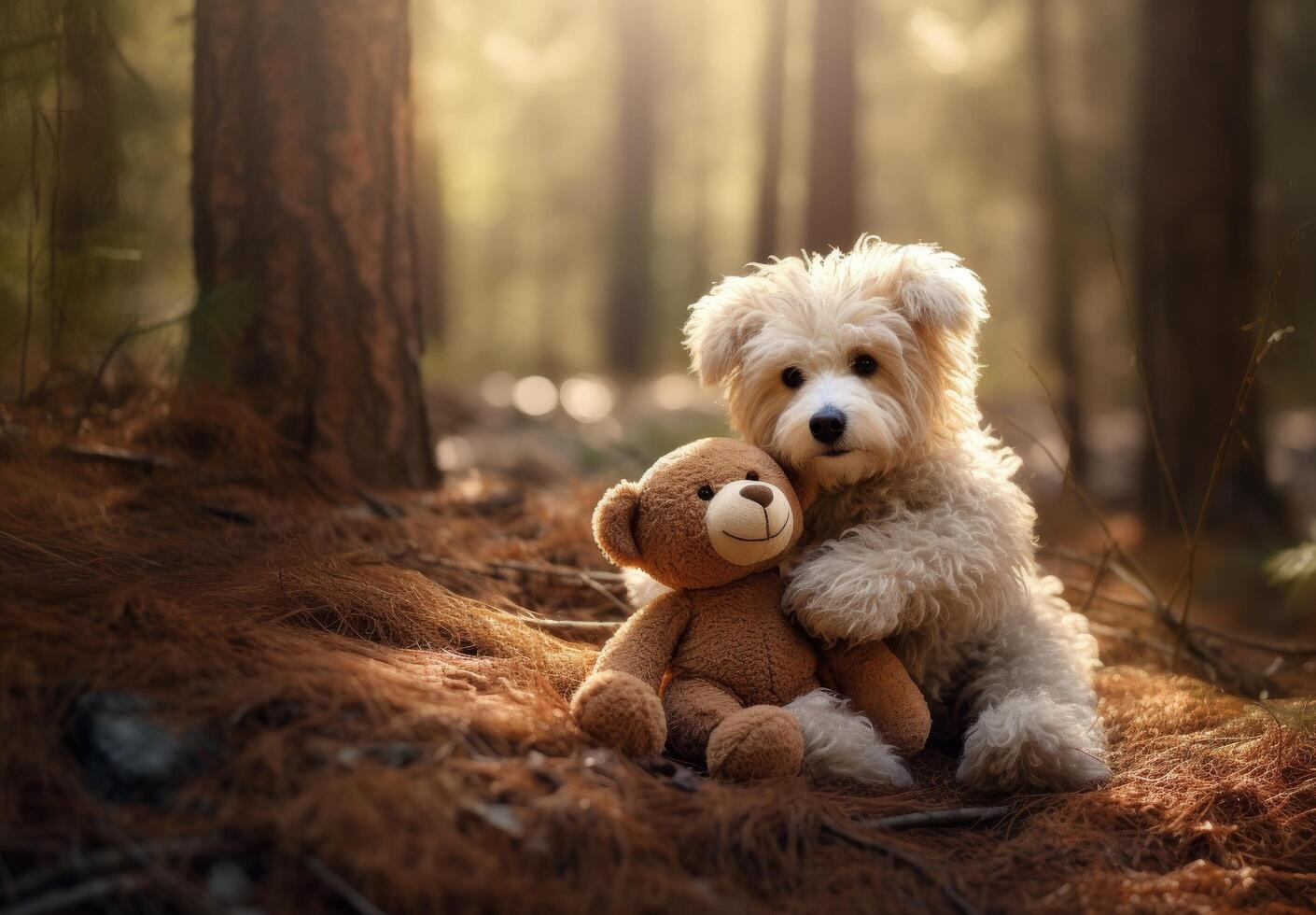Adorable fluffy dog with stuffed animal in forest photo