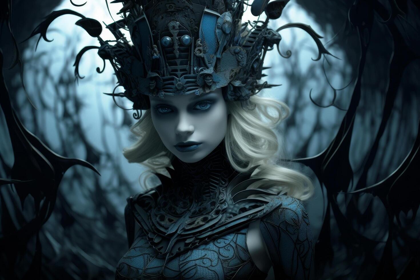 Mysterious fantasy woman with elaborate headpiece photo