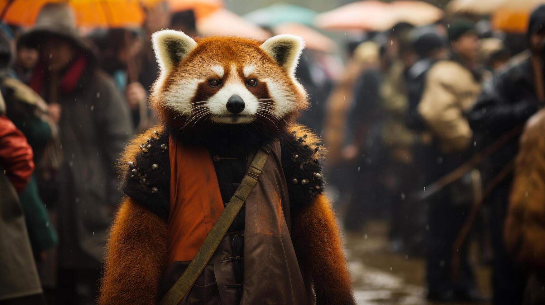 Adorable red panda in winter clothing photo