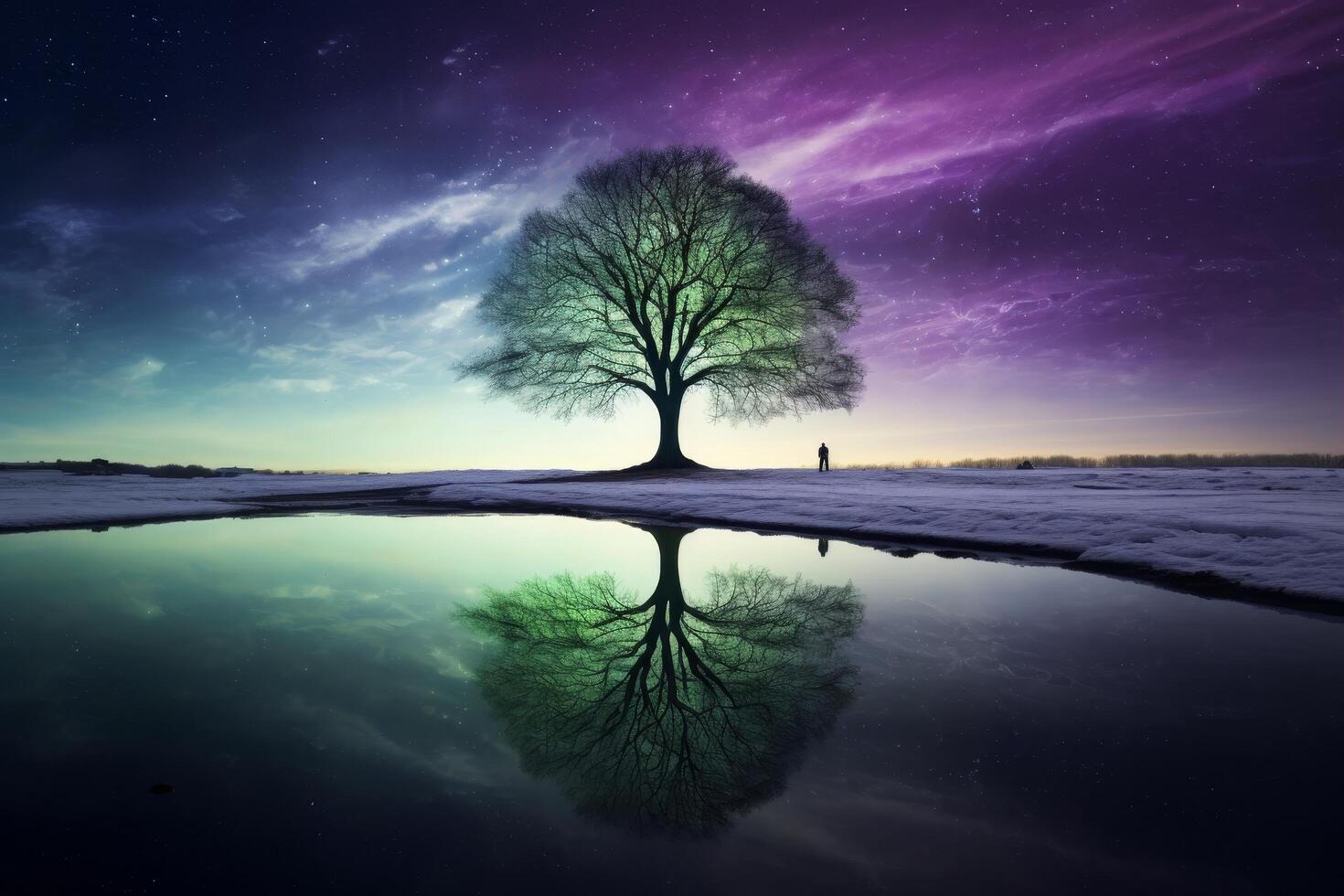 Lone tree silhouette reflecting in still water under colorful night sky photo