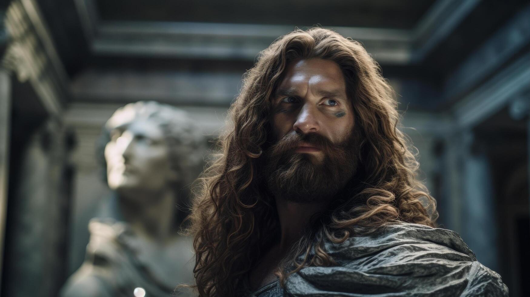 Rugged man with long curly hair and beard in dark environment photo