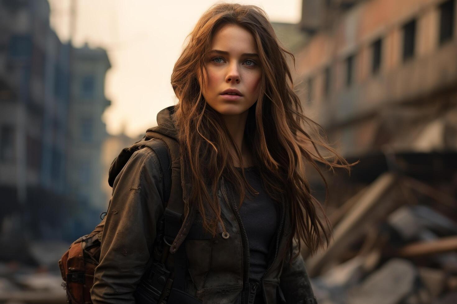young woman with long hair in the city photo