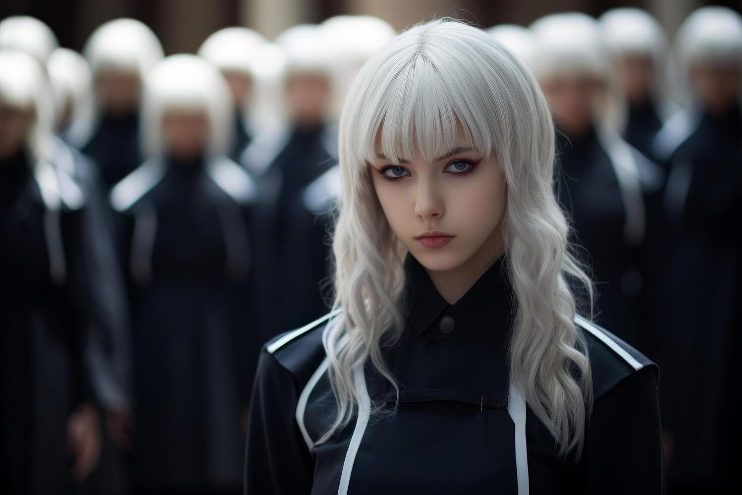 Mysterious woman with white hair in a crowd photo
