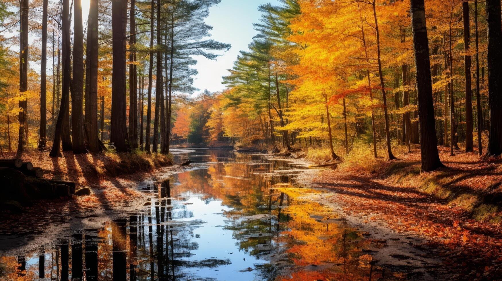 Autumn forest landscape with colorful trees reflecting in the water photo
