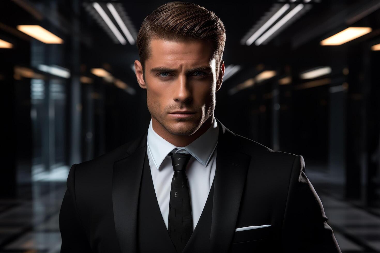 Serious businessman in a dark suit looking focused photo