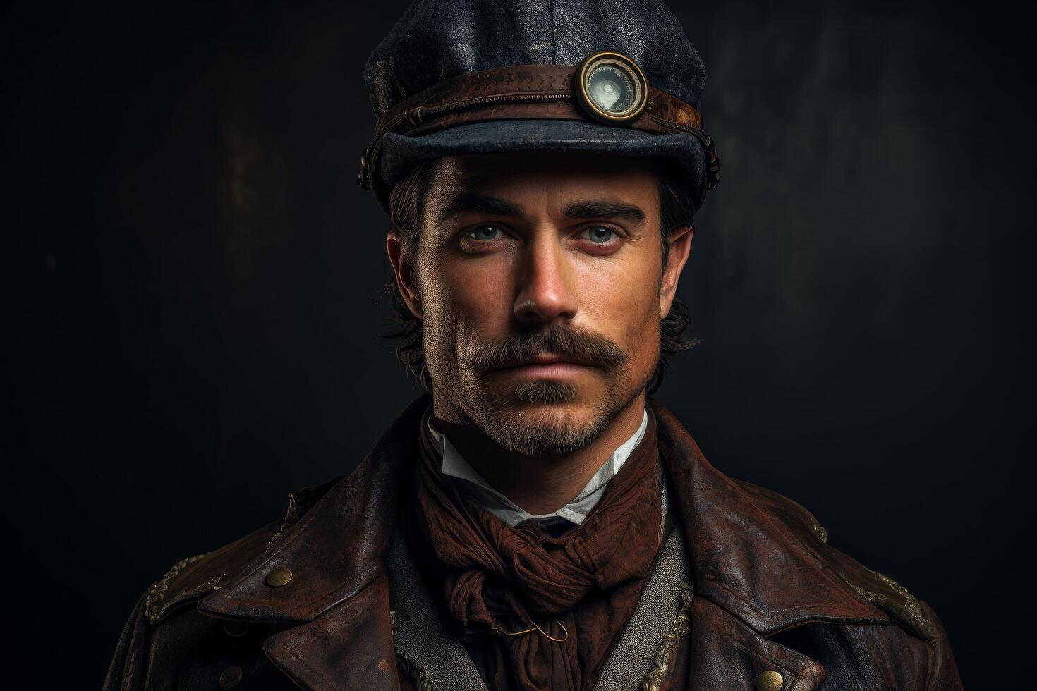 Steampunk explorer with intense gaze photo