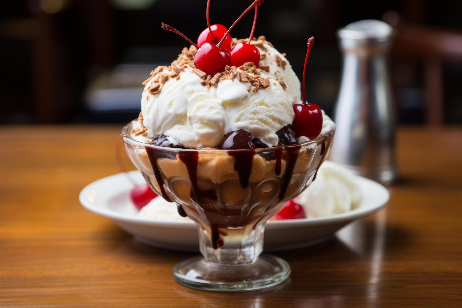 Delicious ice cream sundae with cherries and chocolate syrup photo