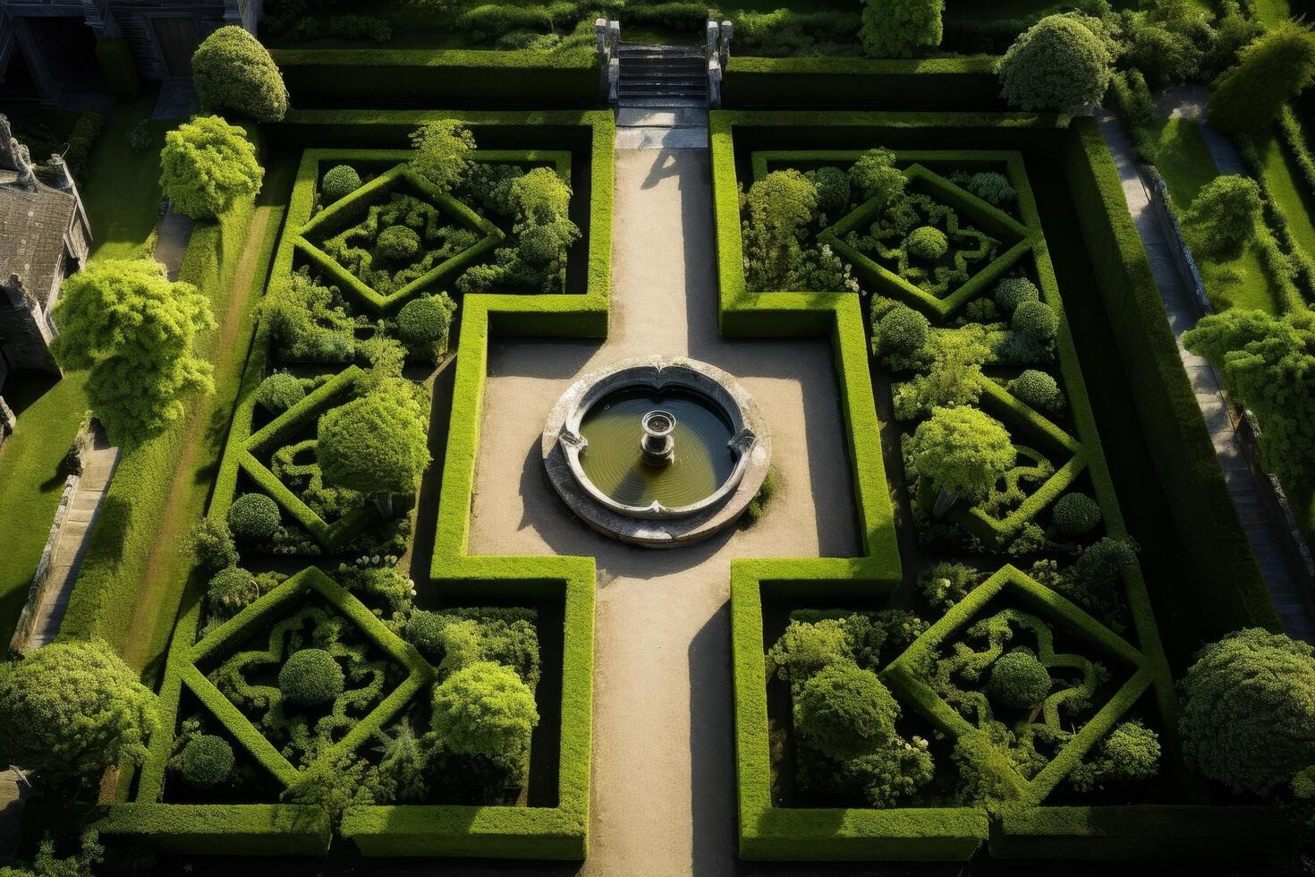 Ornate formal garden with geometric hedges and fountain photo
