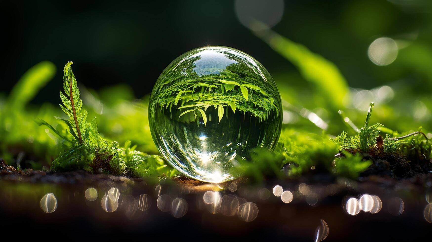 Enchanting forest reflection in glass sphere photo
