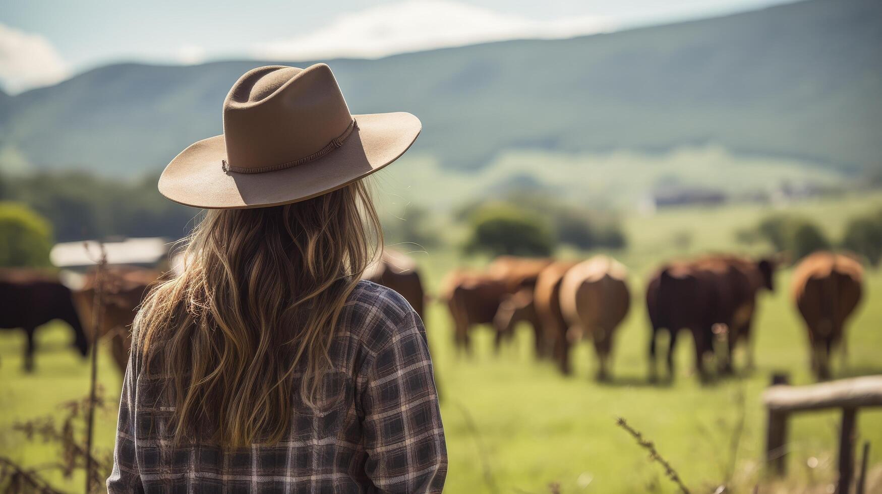 woman in cowgirl hat looking at cattle in field photo