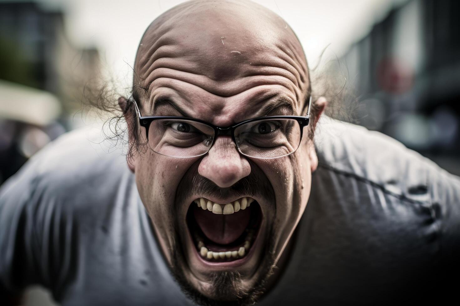 Angry bald man with glasses yelling photo