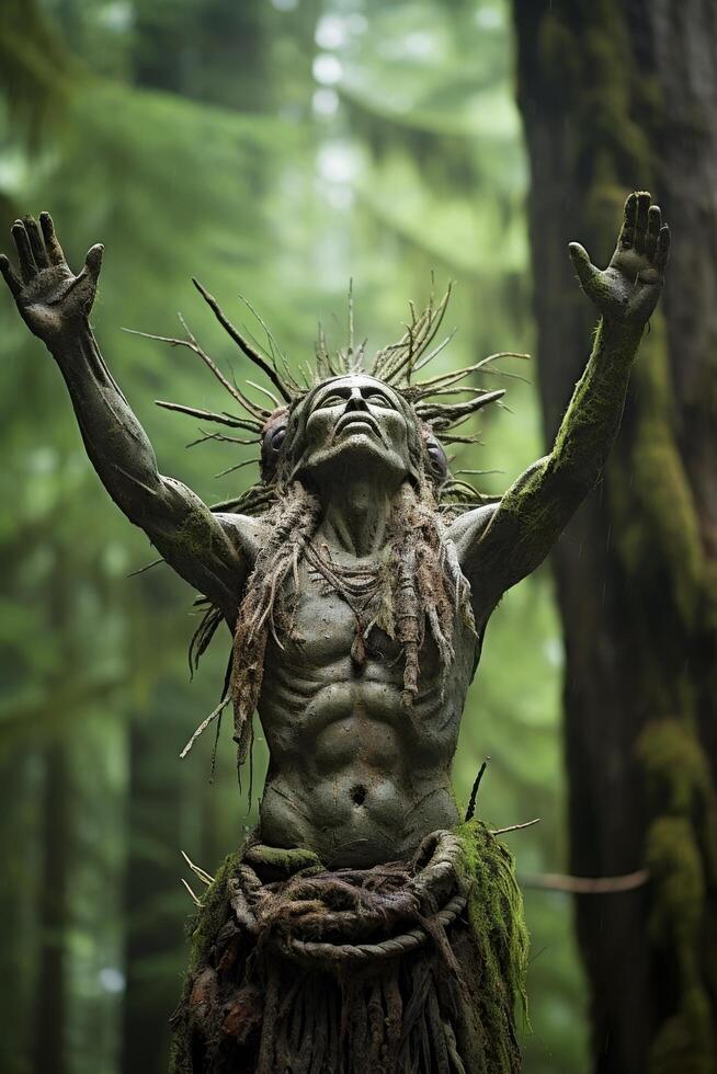 Mysterious forest spirit with outstretched arms photo