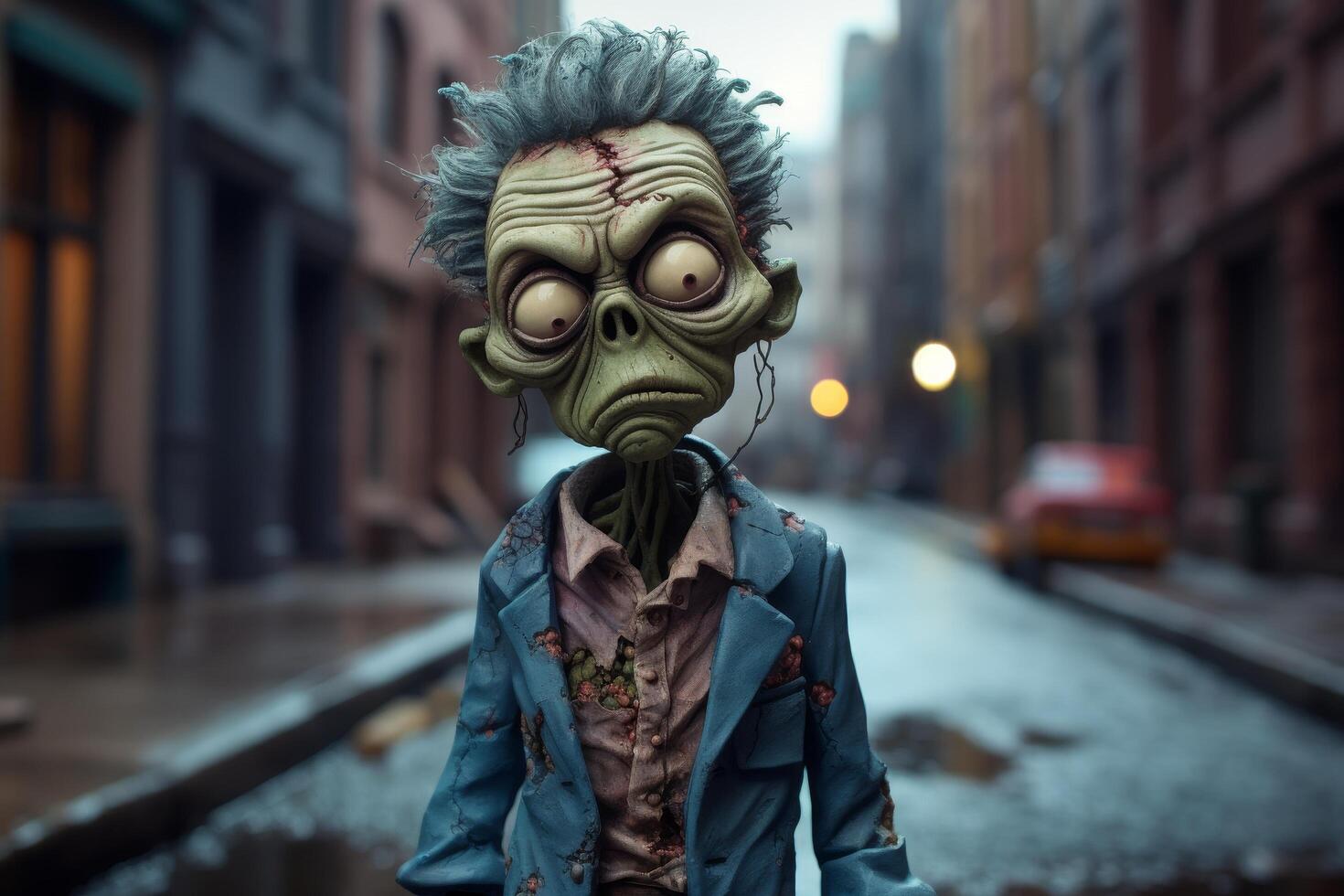 Creepy zombie character in city street photo