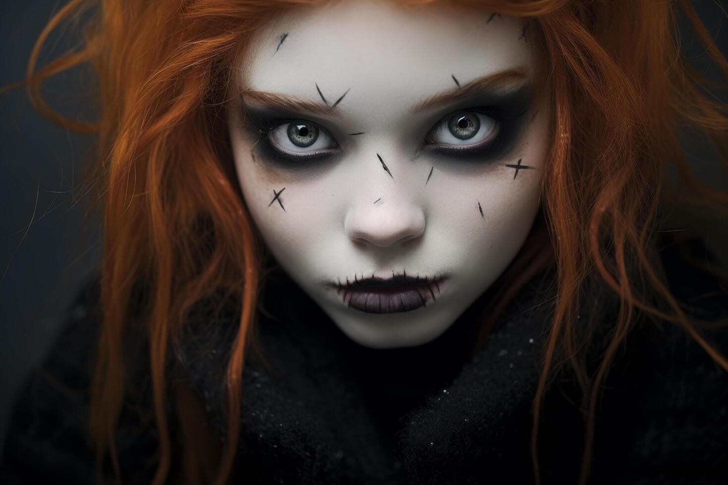 creepy doll with dark makeup and red hair photo