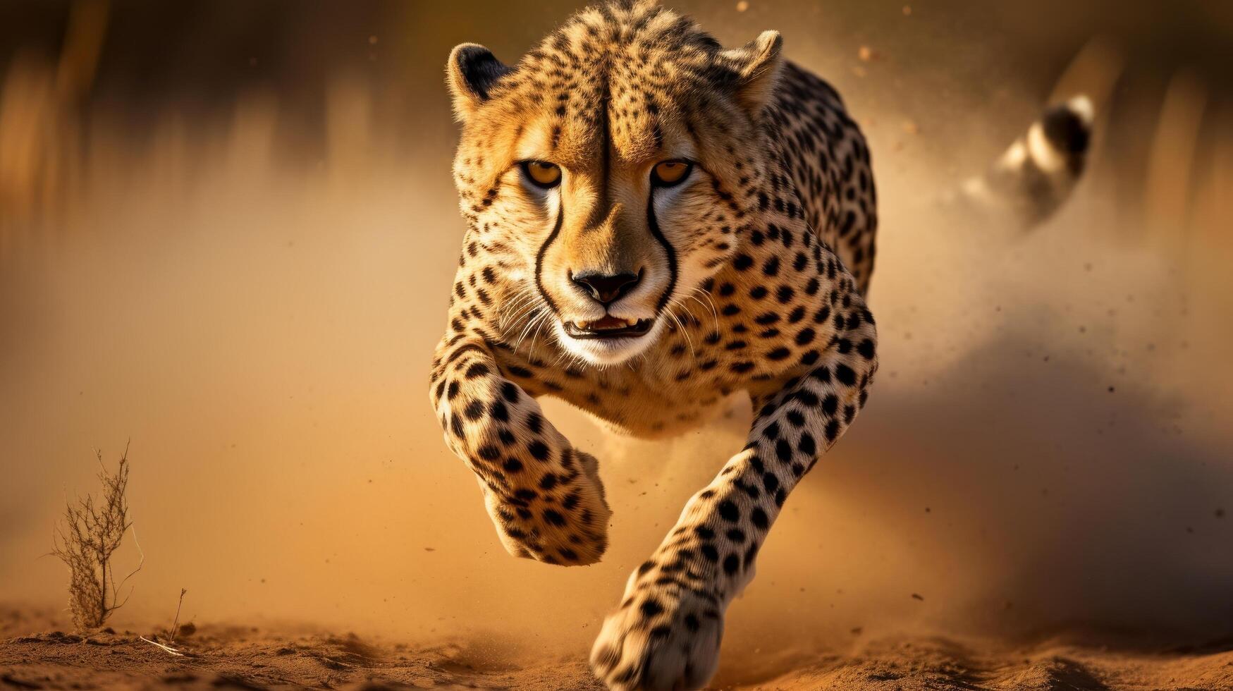 Powerful cheetah running through the dust photo