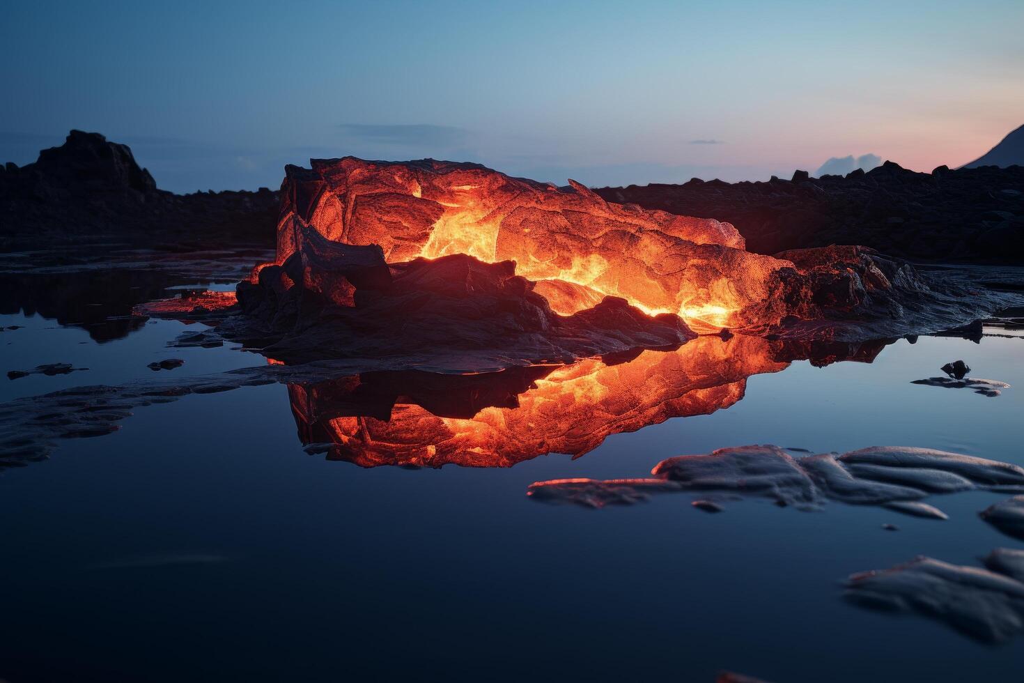 Glowing Volcanic Rocks Reflected in Calm Lake at Dusk photo