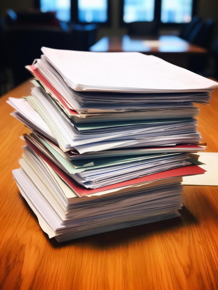 Stacked documents on wooden table photo