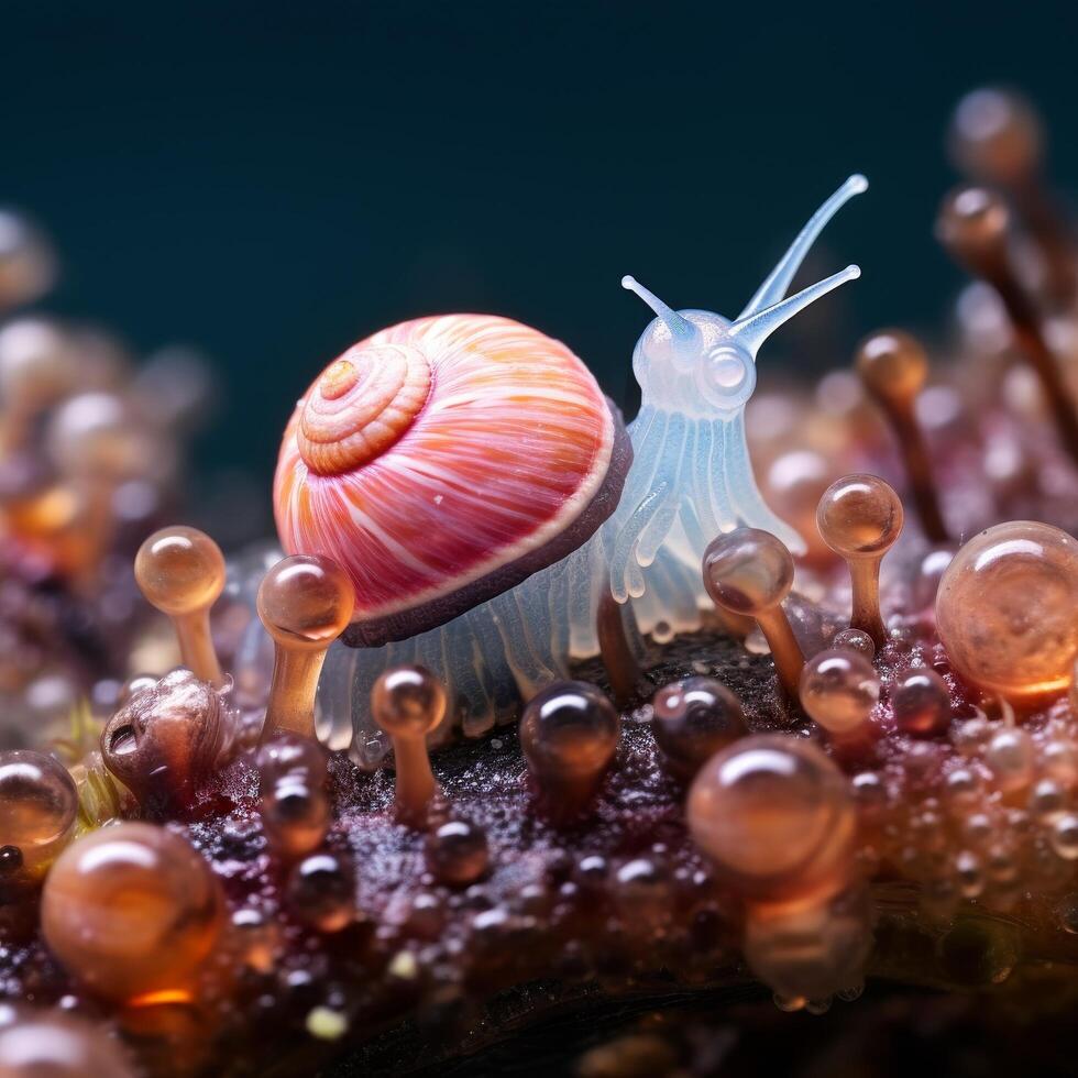 Colorful snail shell and mushroom on dark background photo