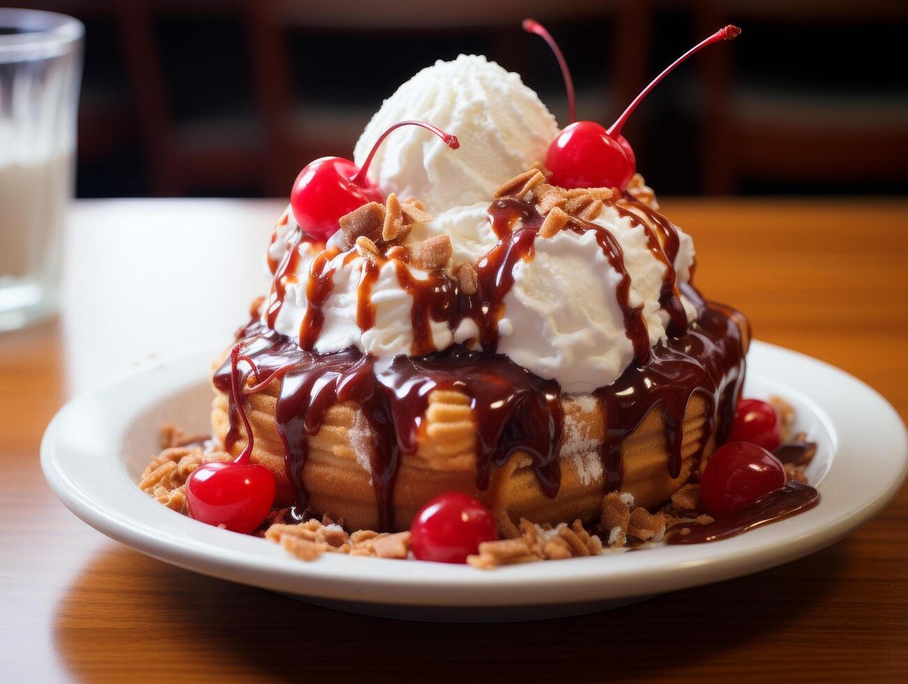 Decadent ice cream sundae with cherries and chocolate sauce photo