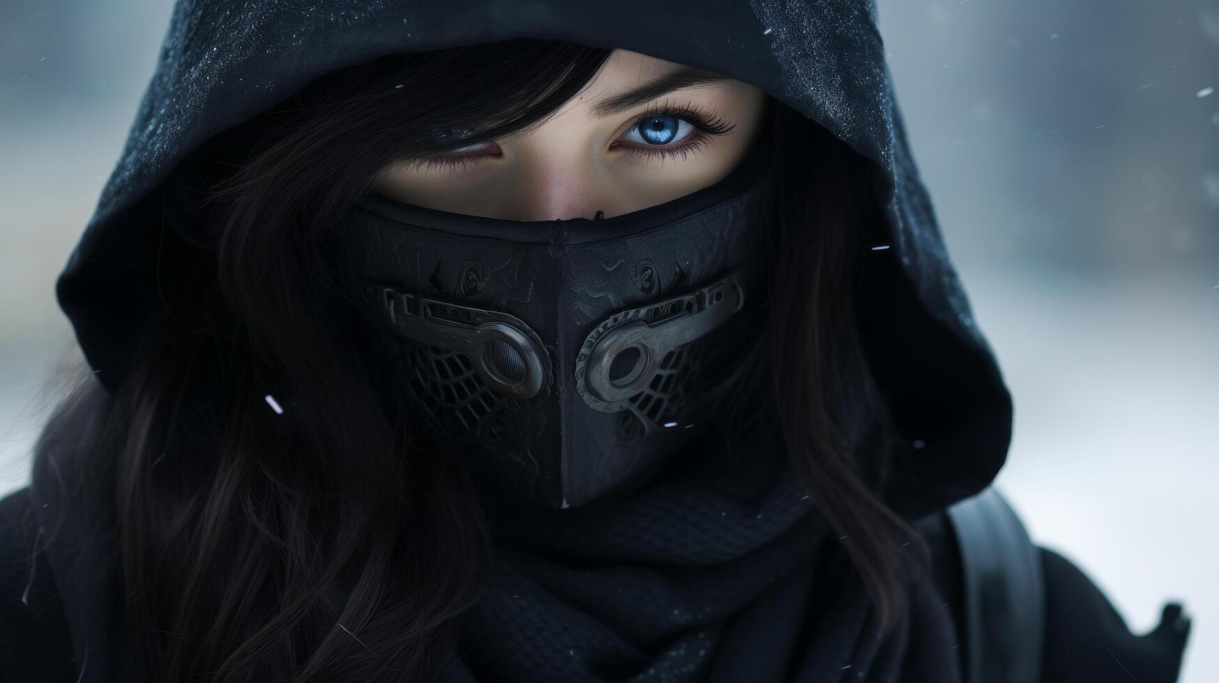 mysterious woman in black mask and hood photo