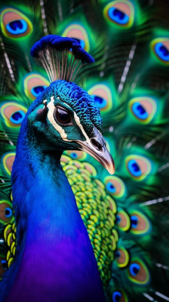 Vibrant peacock portrait with colorful feathers photo