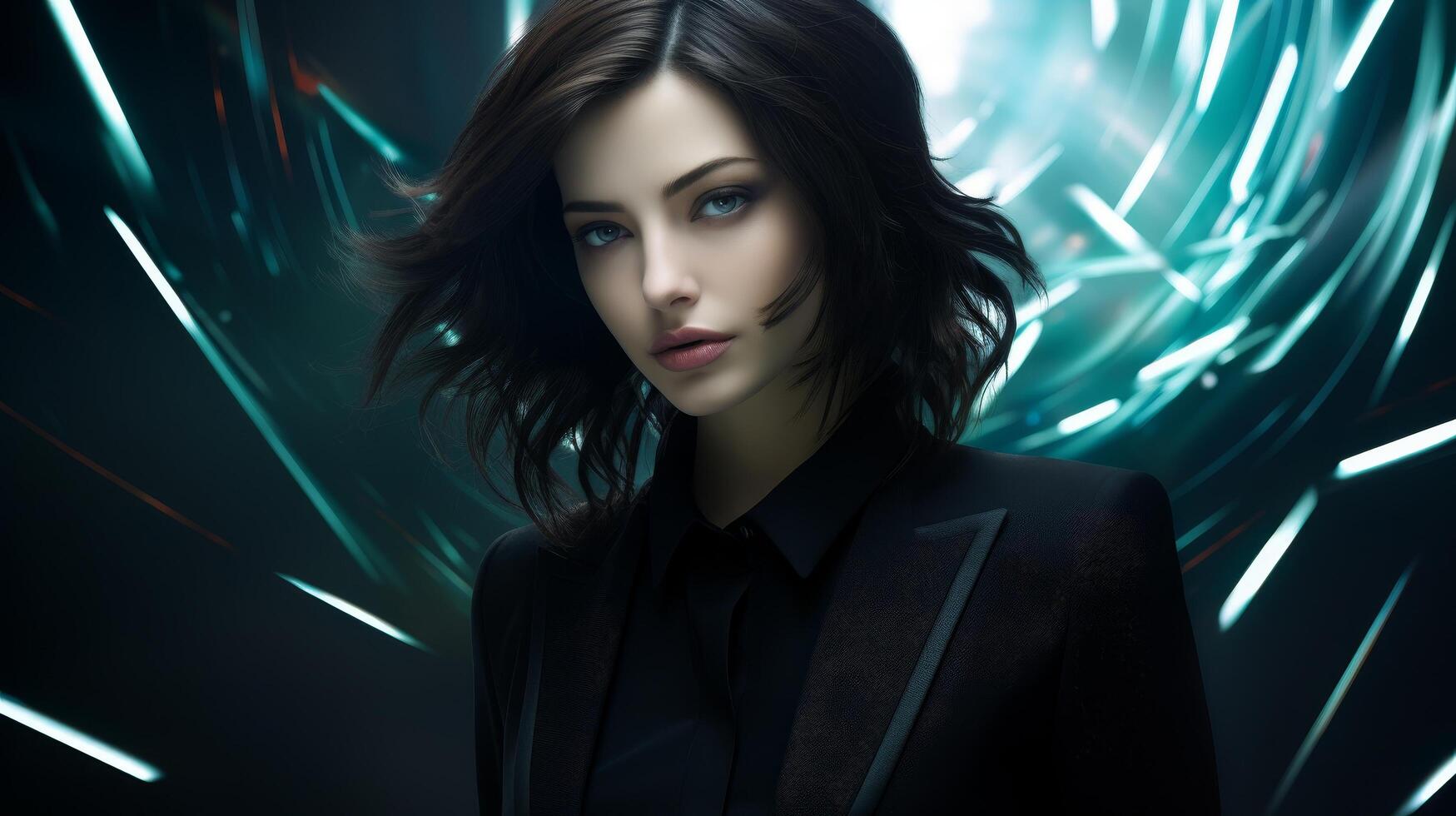 mysterious woman with dark hair in a dramatic pose photo