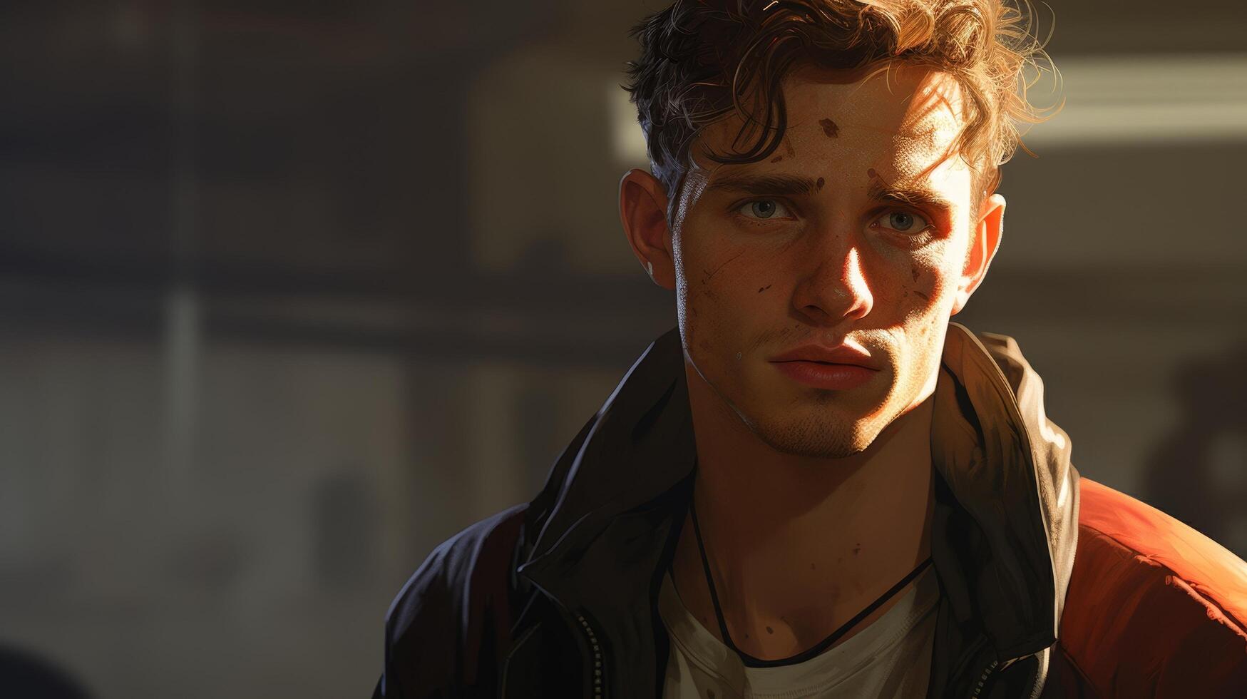 Intense young man with windswept hair in dramatic lighting photo