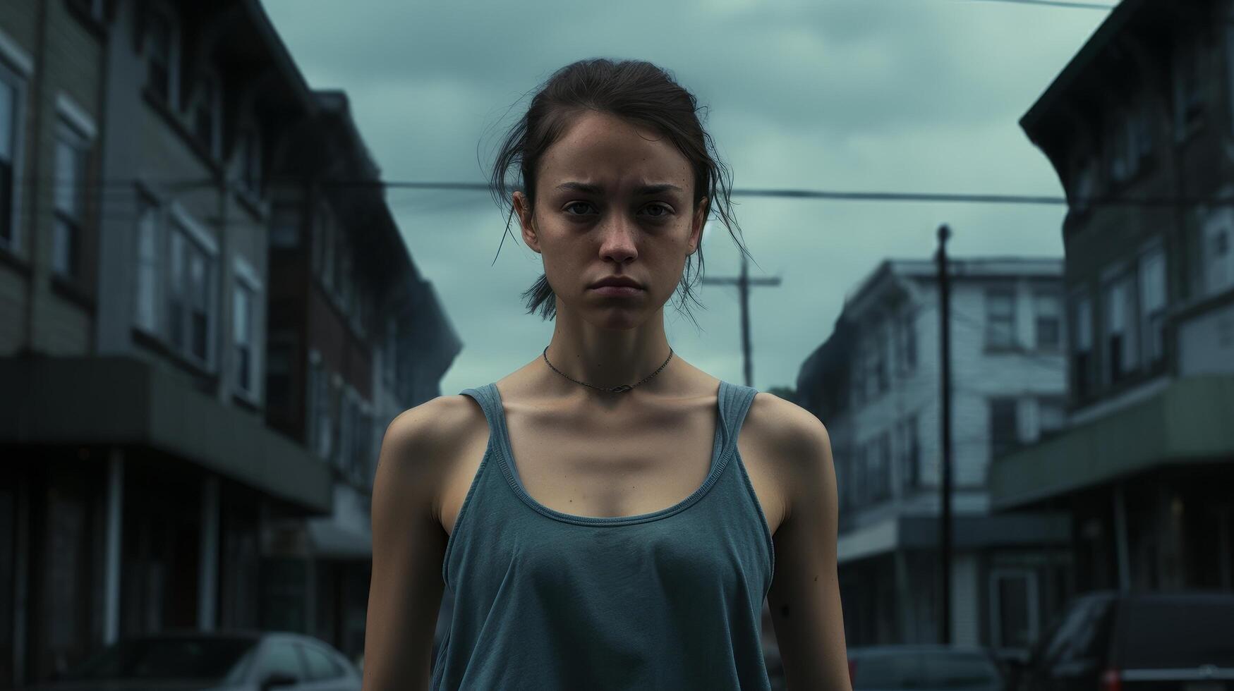 Serious young woman standing on city street photo