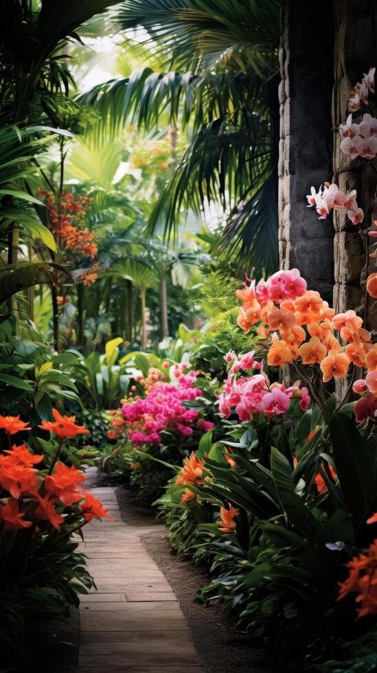 Vibrant tropical garden with lush foliage and colorful flowers photo