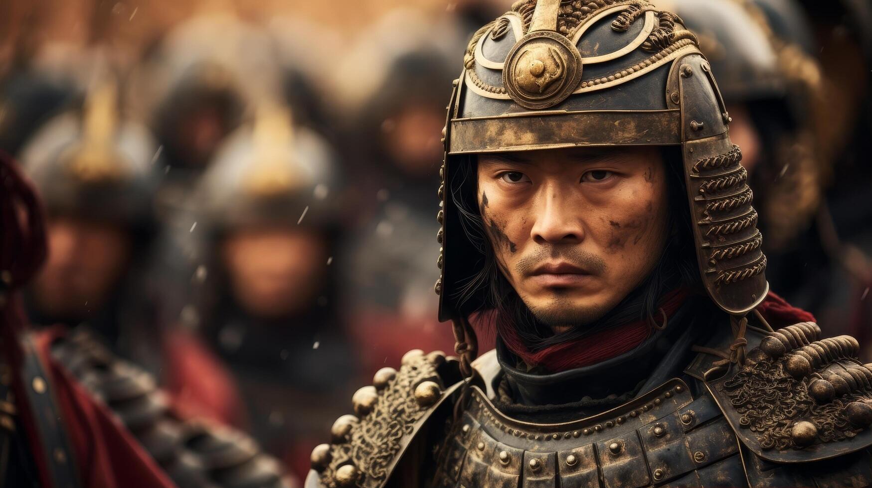Stoic asian warrior in battle armor photo