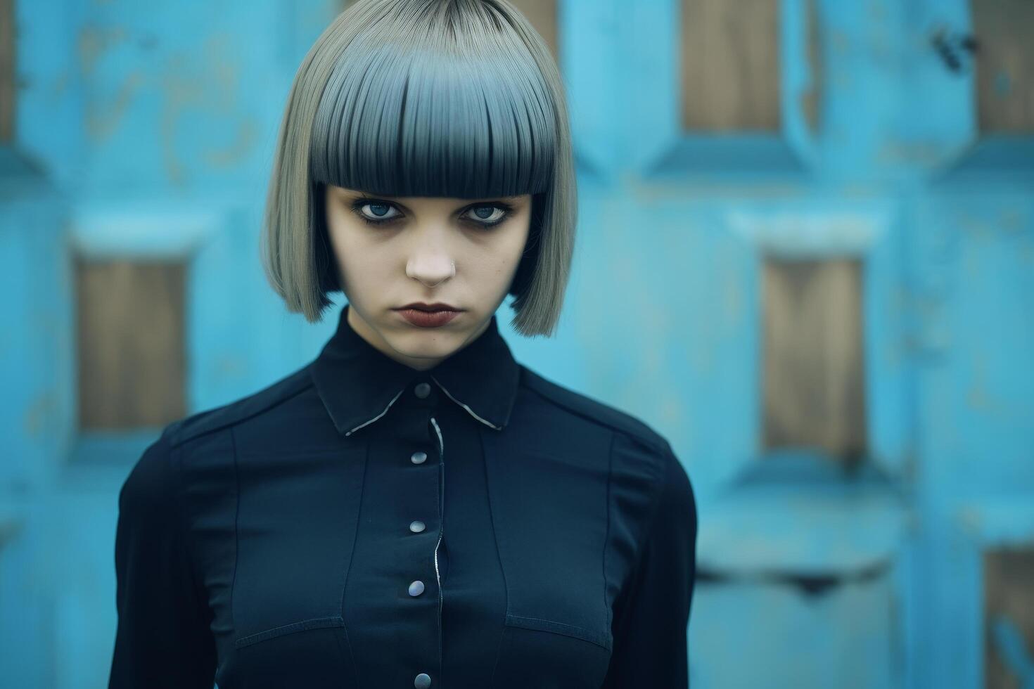 Serious young woman with short black and white hairstyle photo