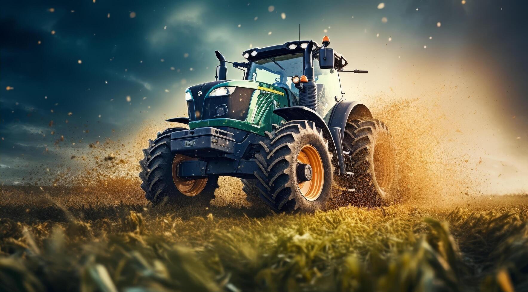 Powerful tractor plowing through field photo